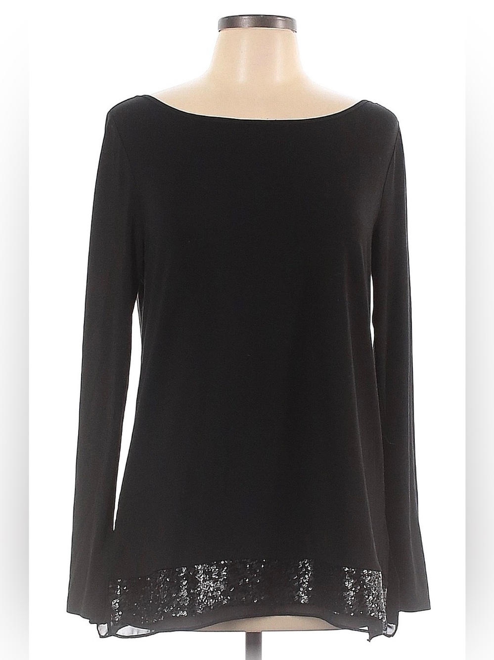 White House Black Market Black Tee with Long-Sleeves and Sequin Hem